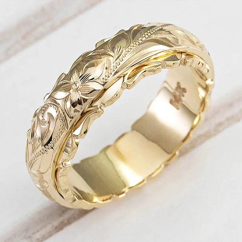 Yellow Gold Suspended Carved Rose Flower Ring for women , Women's rings Wedding Anniversary .