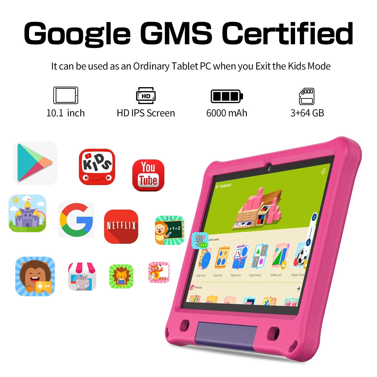 Kids Tablet Android 12 WIFI 6 Quad Core Processor 3GB RAM 64GB ROM YouTube with EVA Protective Case