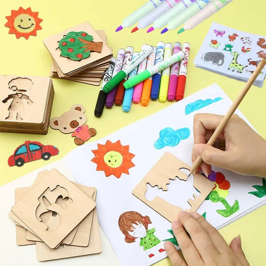 Montessori Kids Drawing Toys DIY Painting Stencils Template Wooden Craft Toys Puzzle Educational Toys for Children Gift