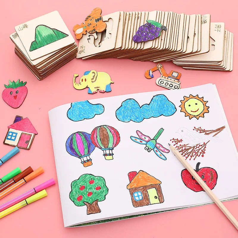 Kids Montessori Drawing Toys 20/32Pcs DIY Painting Stencils Template Wooden Craft Puzzle Toys Education Toys for Children