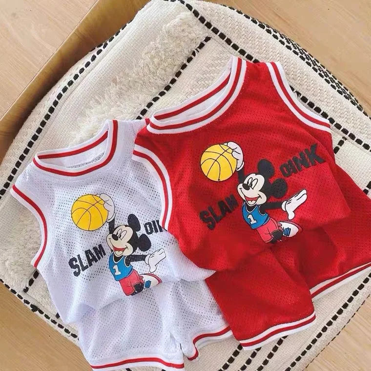 1 2 3 4 Years Old Child Casual Cartoon Tracksuits Thin Crewneck Vest+Shorts For Baby Boys Brand Fashion Basketball Clothes 2pcs