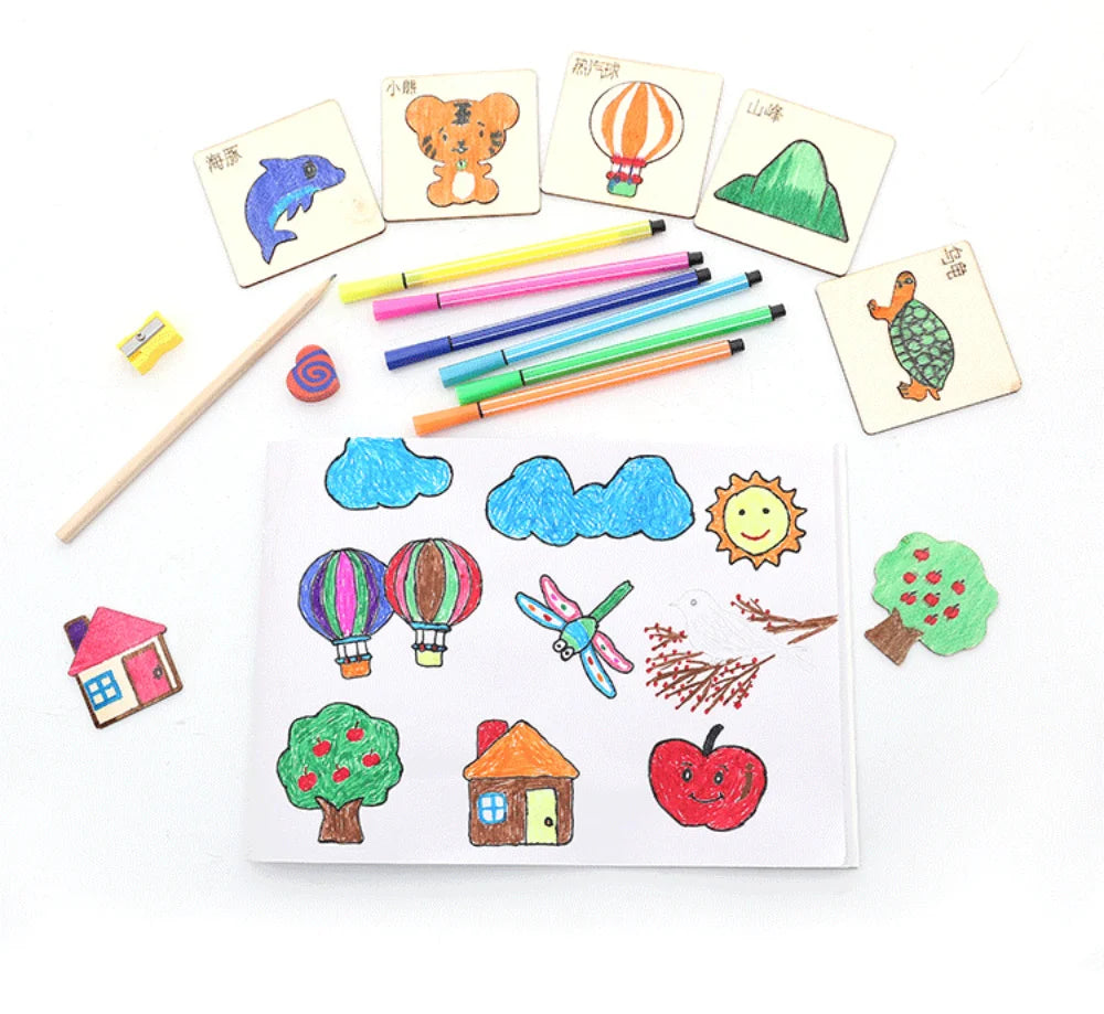 Kids Montessori Drawing Toys 20/32Pcs DIY Painting Stencils Template Wooden Craft Puzzle Toys Education Toys for Children