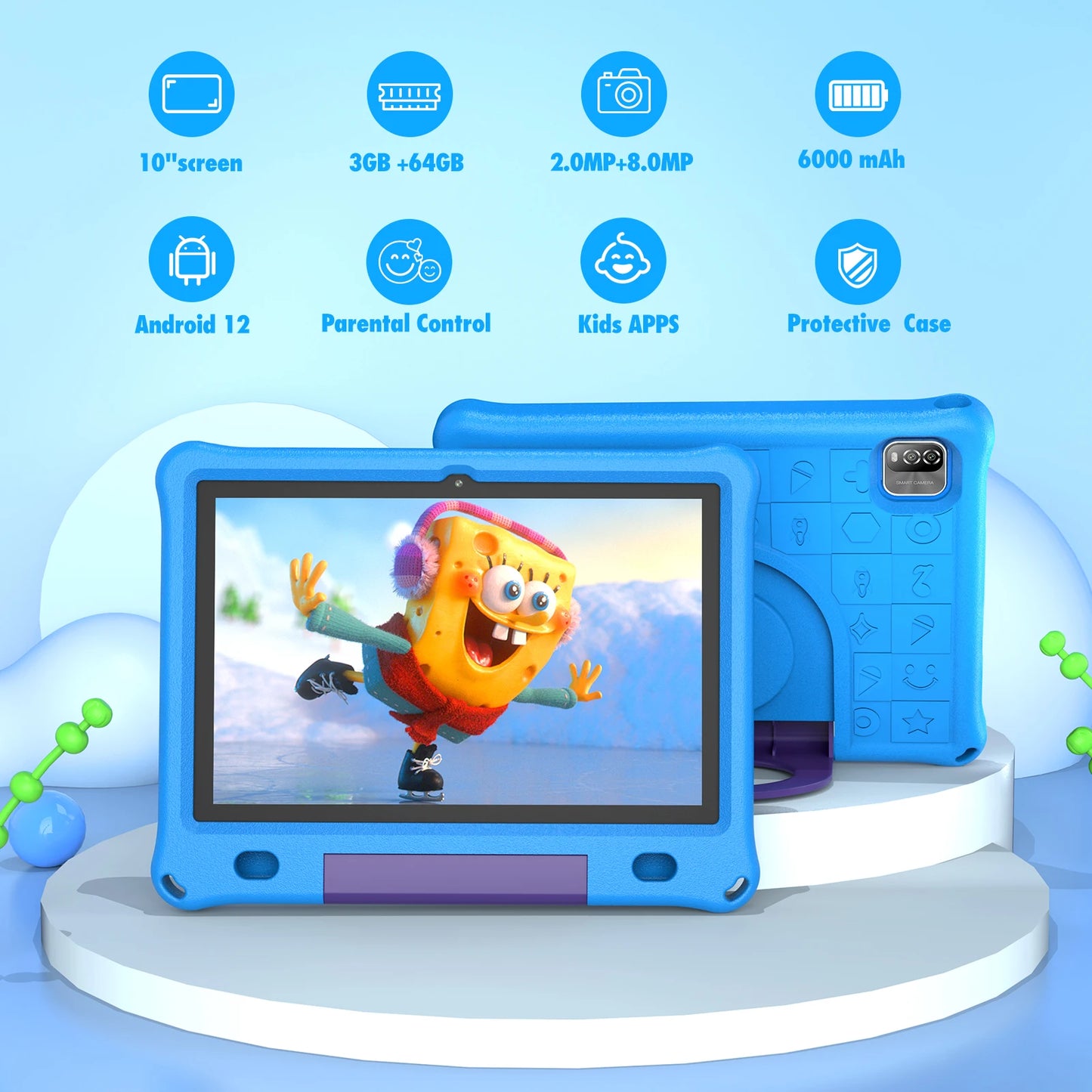 Kids Tablet Android 12 WIFI 6 Quad Core Processor 3GB RAM 64GB ROM YouTube with EVA Protective Case