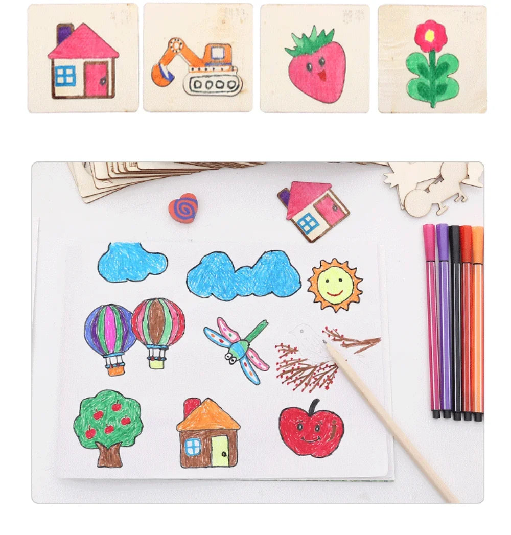 Montessori Kids Drawing Toys DIY Painting Stencils Template Wooden Craft Toys Puzzle Educational Toys for Children Gift