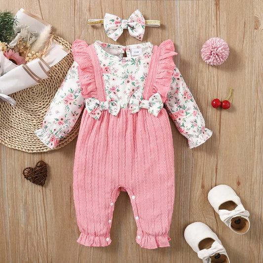 Baby Girl Fashion Romper Cute Floral Pattern Long Sleeve Bow Bodysuit Spring&Autumn Jumpsuit for Infant Girl 0-18 Months