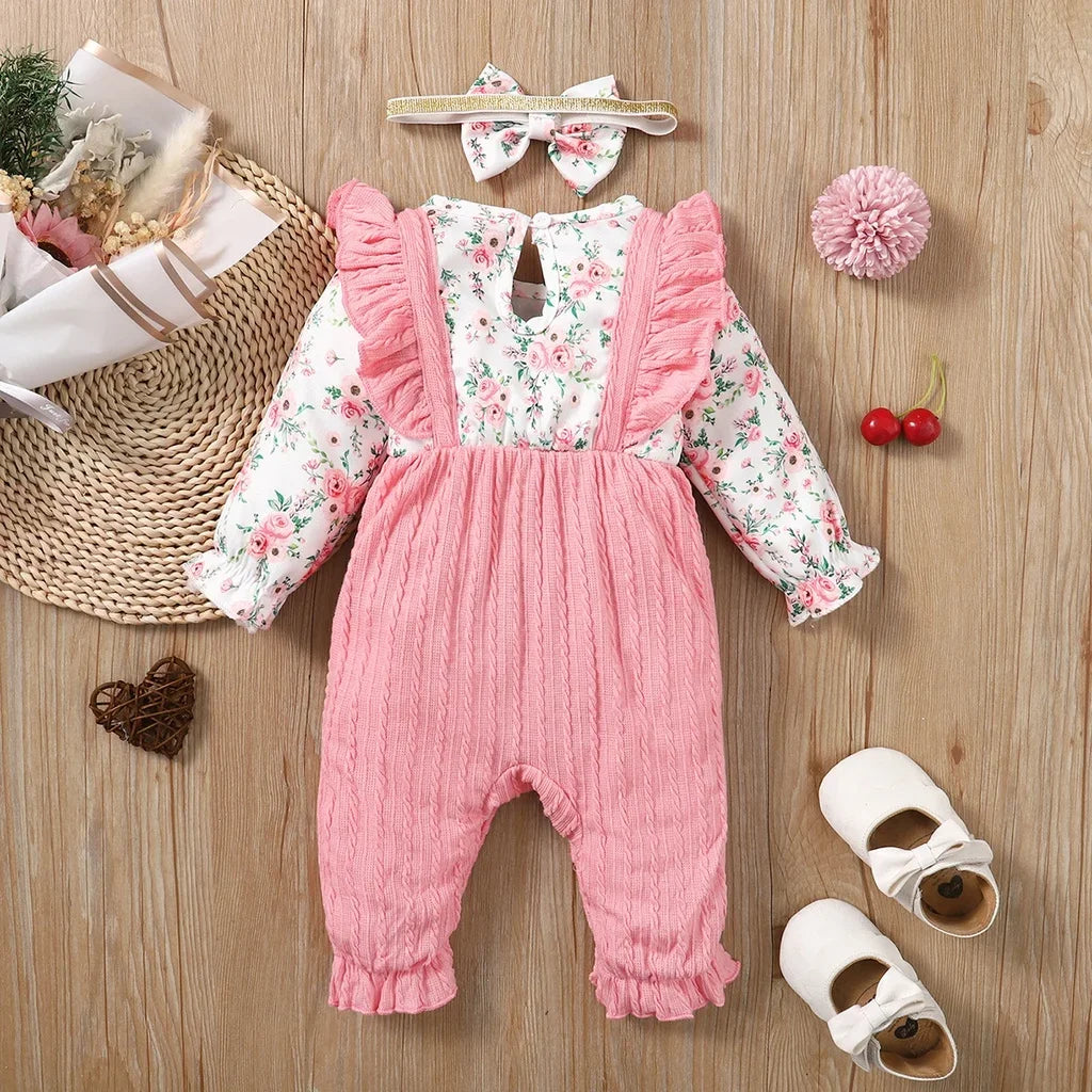 Baby Girl Fashion Romper Cute Floral Pattern Long Sleeve Bow Bodysuit Spring&Autumn Jumpsuit for Infant Girl 0-18 Months