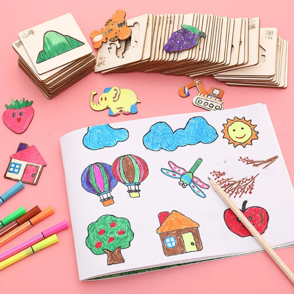 Montessori Kids Drawing Toys DIY Painting Stencils Template Wooden Craft Toys Puzzle Educational Toys for Children Gift