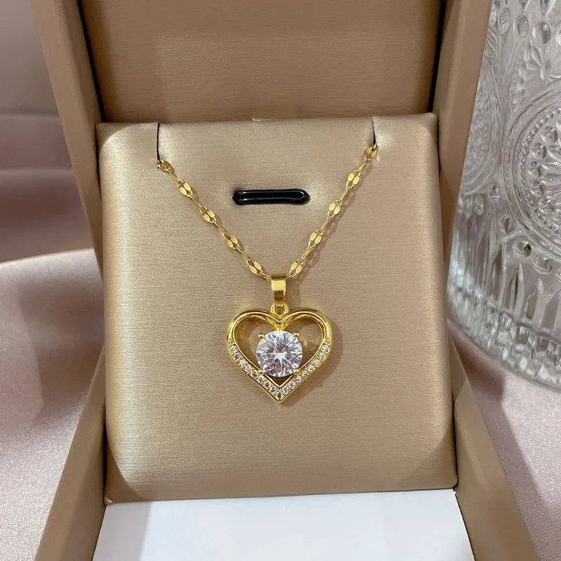 Artificial Gems Heart Pendant Necklace for women, Golden Stainless Steel Lips Neck Chain Female Necklaces Jewelry for Girl